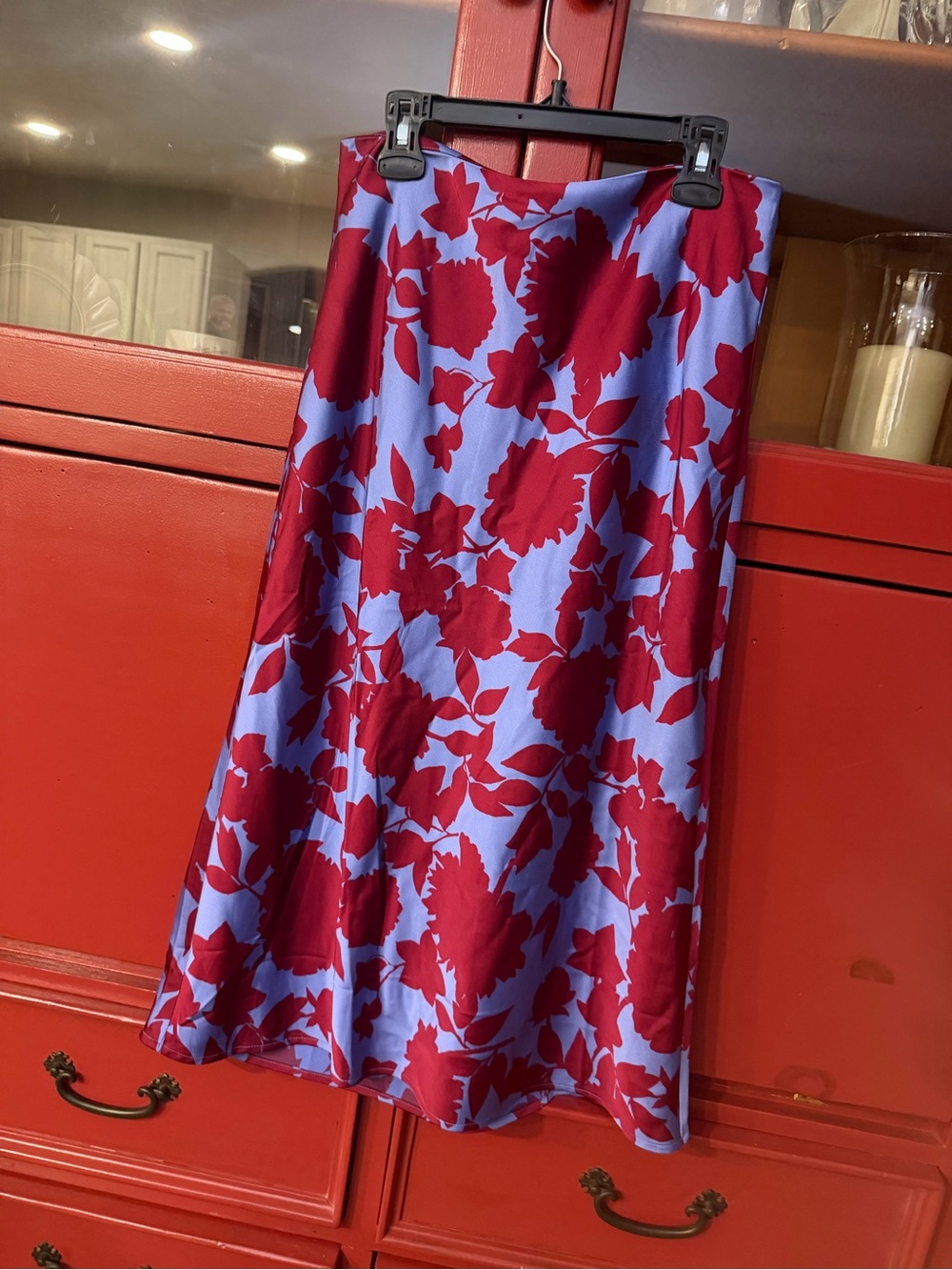 J. Crew Blue A-Line Skirt with Red Floral Print